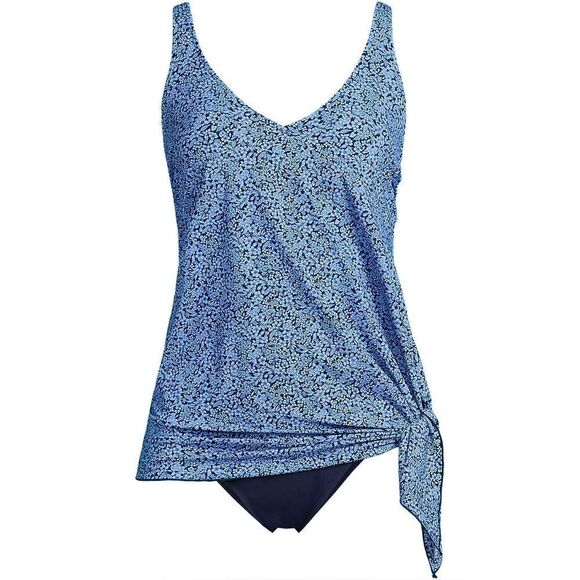 Land's End 1 piece fauxkini swimsuit slendersuit cloud blue navy ditsy lily 10 - Picture 6 of 6